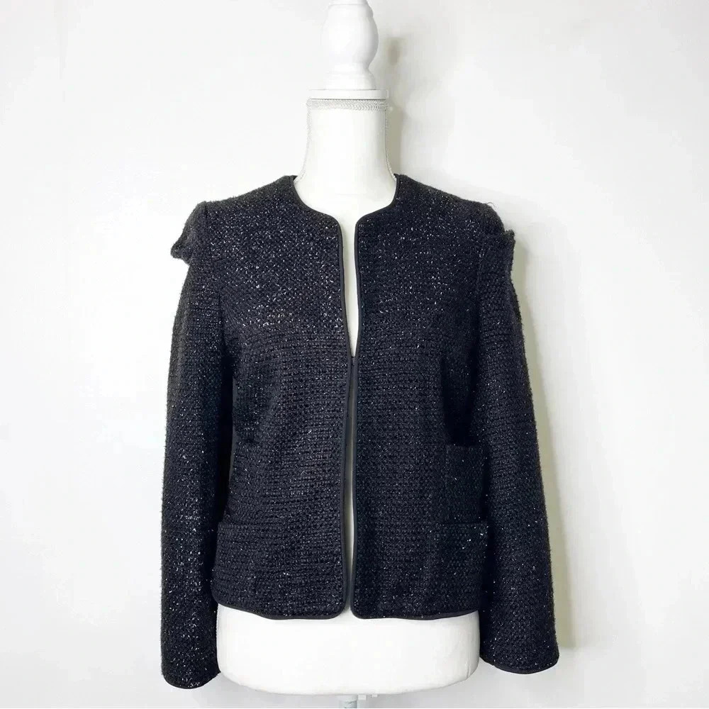 Sak Fifth Avenue Black Metallic Ruffle Shoulder Evening Jacket Size 2